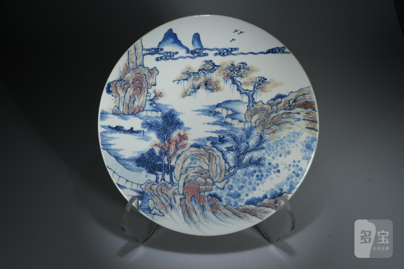 清 青花釉里红山水瓷板 - 图2